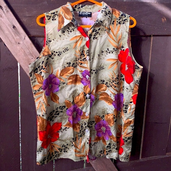 90s Vintage Leopard Tropical Floral Button Up Sleeveless Top Size Medium/Large - Picture 2 of 15